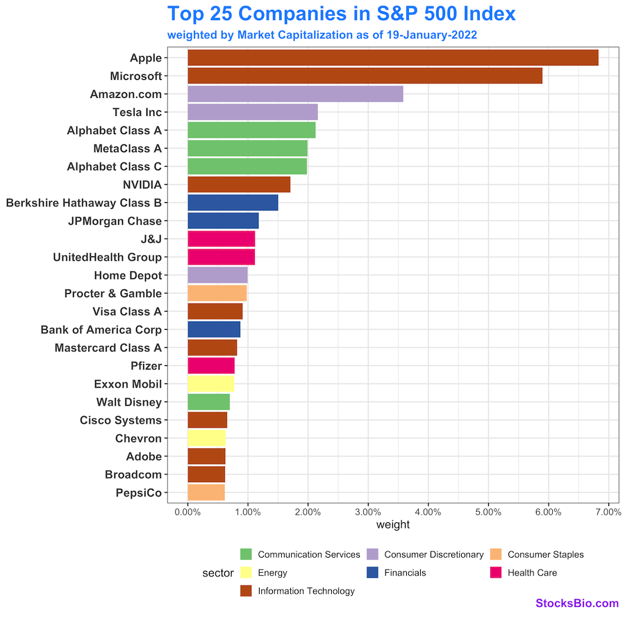 Top 25 Companies in S&P 500 Index weighted by market value as of Jan 2022